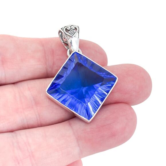 Vintage Sterling Silver 925 Square Blue Spinel Pendant - Picture 1 of 7
